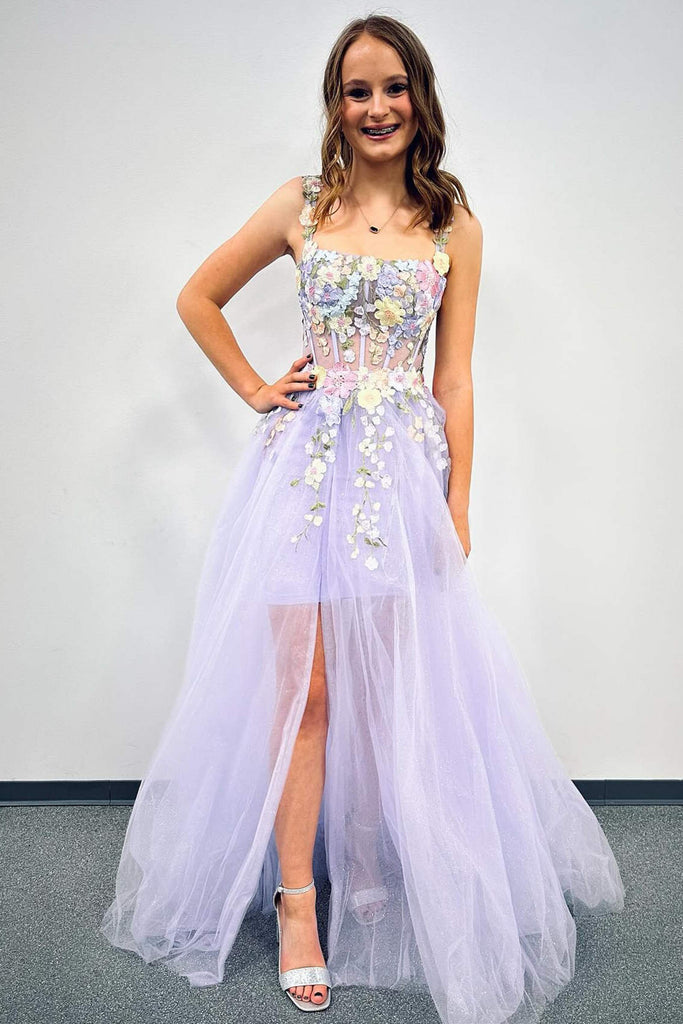 straps floral embroidery lavender tulle prom dress with detachable train