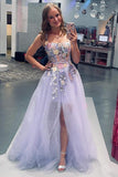 straps floral embroidery lavender tulle prom dress with detachable train