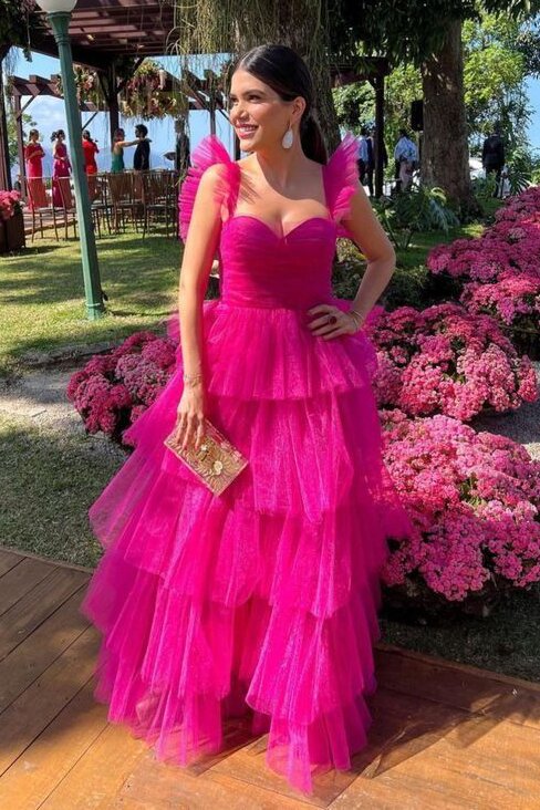 Straps Hot Pink Layered Tulle A-line Long Evening Prom Dresses GP691