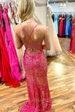 straps hot pink mermaid long prom dress lace up back slit evening gown