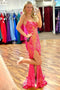 Straps Hot Pink Mermaid Long Prom Dress, Lace-Up Back Slit Evening Gown GP589