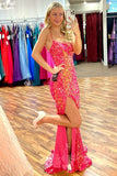 straps hot pink mermaid long prom dress lace up back slit evening gown