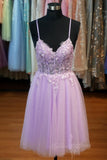 Straps Lilac Applique Homecoming Dress Tulle Backless Short Prom Dress GM699