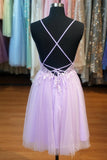 Straps Lilac Applique Homecoming Dress Tulle Backless Short Prom Dress GM699