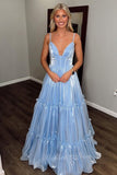 Stunning A-line V Neck Organza Sleeveless Sky Blue Prom Dresses GP807