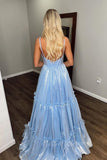 Stunning A-line V Neck Organza Sleeveless Sky Blue Prom Dresses GP807