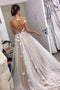 Sweet A-line V Neck Open Back Tulle Ivory Wedding Dresses with Appliques PW374