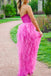 Sweetheart A-Line Hot Pink Tulle Ruffle Lace Long Prom Dresses