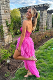 Sweetheart A-Line Hot Pink Tulle Ruffle Lace Long Prom Dresses GP681