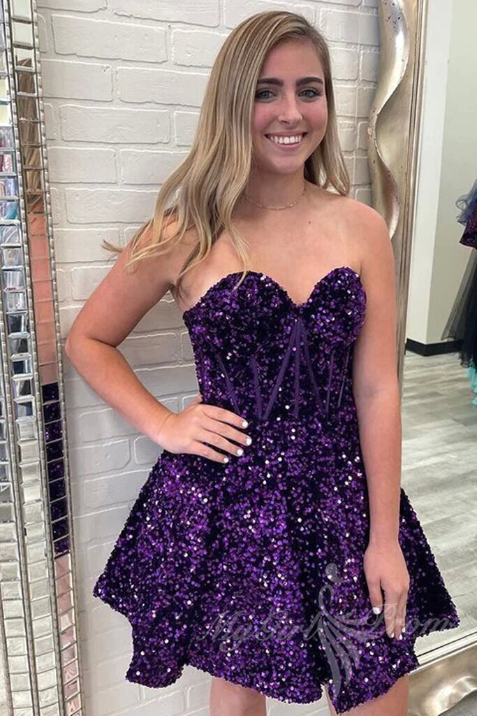 sweetheart a line sequins purple short homecoming dresses with pocket