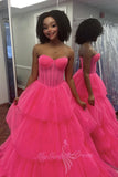 Sweetheart Hot Pink Tulle Corset Prom Dress Ruffles Evening Gowns GP729