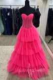 Sweetheart Hot Pink Tulle Corset Prom Dress Ruffles Evening Gowns GP729