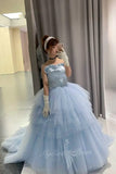 Sweetheart Light Blue Tulle Corset Prom Dress Ruffles Formal Ball Gown GP731