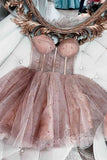 Sweetheart Pink Tulle With Pearls Homecoming Dress, Sparkly Short Prom Dress GM625