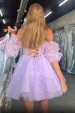 Sweetheart Puff Sleeves Tulle Short Homecoming Dresses, Cute Pink Party Gown GM694