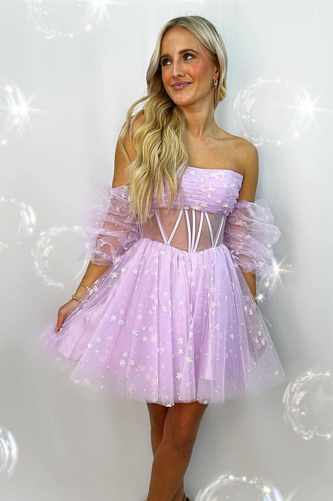 Sweetheart Puff Sleeves Tulle Short Homecoming Dresses, Cute Pink Party Gown GM694