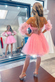 Sweetheart Puff Sleeves Tulle Short Homecoming Dresses, Cute Pink Party Gown GM694