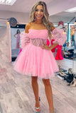 Sweetheart Puff Sleeves Tulle Short Homecoming Dresses, Cute Pink Party Gown GM694