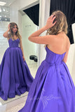 Sweetheart Purple A Line Satin Corset Prom Dress Backless Formal Dress GP736