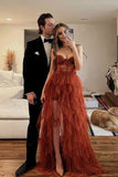 sweetheart tiered tulle long prom dress with lace long slit evening gown