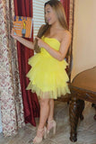 Sweetheart Tiered Yellow Tulle Short Prom Dresses, Chic Homecoming Dress GM692