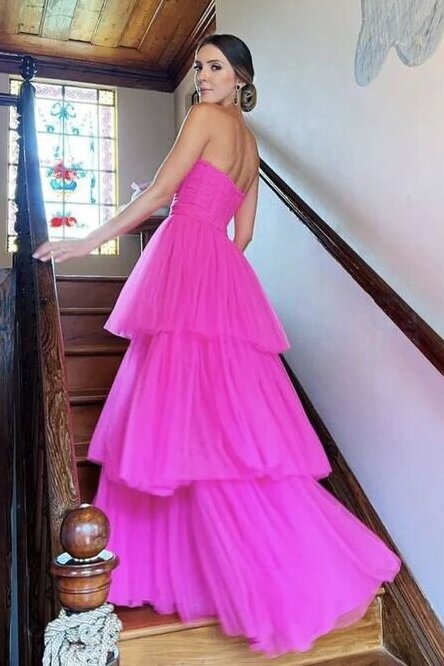 sweetheart tulle hot pink tiered long prom dress princess graduation gown