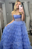 Sweetheart Tulle Prom Dress Sequins Blue Evening Gowns with Ruffles GP721