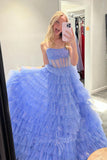 Sweetheart Tulle Prom Dress Sequins Blue Evening Gowns with Ruffles GP721