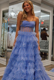 Sweetheart Tulle Prom Dress Sequins Blue Evening Gowns with Ruffles GP721