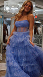 Sweetheart Tulle Prom Dress Sequins Blue Evening Gowns with Ruffles GP721