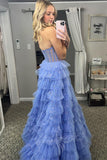 Sweetheart Tulle Prom Dress Sequins Blue Evening Gowns with Ruffles GP721