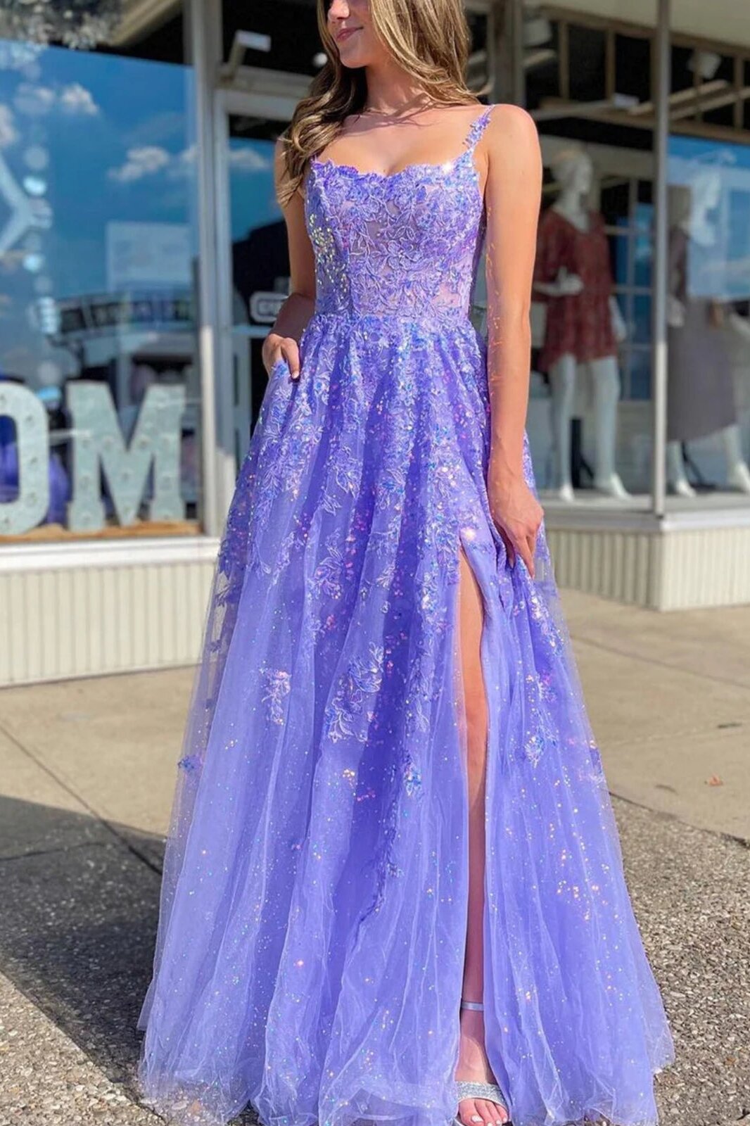 Tulle Long Slit Prom Dresses with Sequins, Lavender Evening Dresses GP540