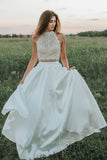 Two Pieces Lace Chiffon Beach Wedding Dress,  Backless Boho Bridal Dress PW573