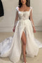Unique Lace Applique Long Sleeves A-line Wedding Dresses Slit Bridal Gown PW560