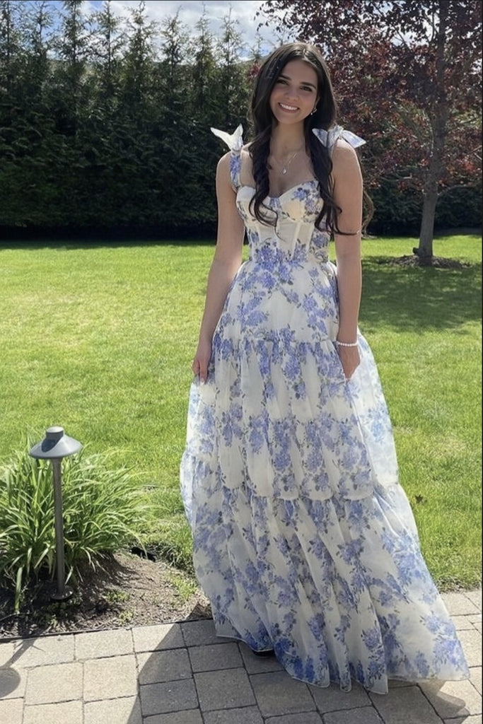 unique tie strap floral print prom dress long corset graduation gown