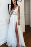 V-neck Tulle Lace Appliques A-line Wedding Dress Slit Beach Bridal Gown PW491