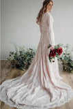 Vintage Rustic Long Sleeve Lace Wedding Dresses, A Line Lace Bridal Dress PW591