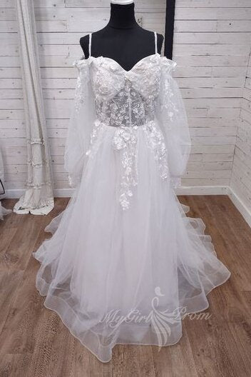 White A-Line Detachable Balloon Sleeves Sweetheart Boho Wedding Dress PW556