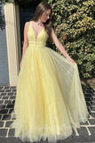 Yellow A-Line V-neck Tulle Long Prom Dresses, Sparkly Formal Dress GP819