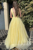 Yellow A-Line V-neck Tulle Long Prom Dresses, Sparkly Formal Dress GP819