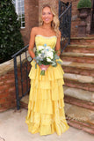 Yellow Beaded Strapless Tiered Ruffle Satin Prom Dress, Princess Formal Gown GP839