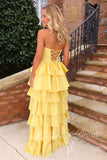 Yellow Beaded Strapless Tiered Ruffle Satin Prom Dress, Princess Formal Gown GP839