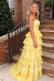 Yellow Beaded Strapless Tiered Ruffle Satin Prom Dress, Princess Formal Gown GP839