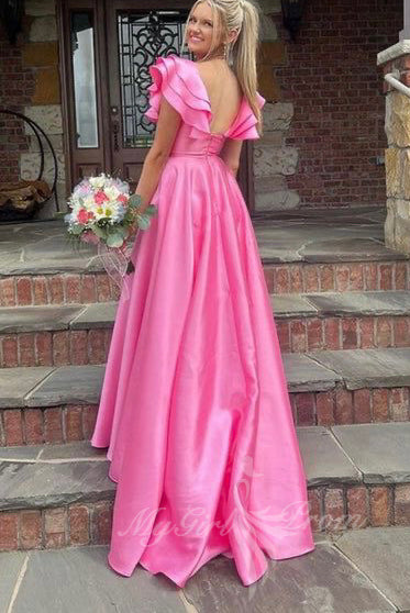 ruffles v neck satin hot pink prom dress a line slit graduation gowns