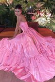 strapless high split satin pink prom dress elegant evening party dresses