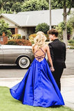 Royal Blue Satin Long Prom Dresses with Cross Back, Simple Slit Graduation Gown GP663