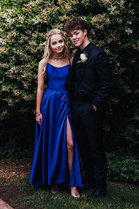 Royal Blue Satin Long Prom Dresses with Cross Back, Simple Slit Graduation Gown GP663