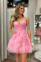 A-line V Neck Ruffle-Layers Tulle Pink Homecoming Dresses, Short Party Gown GM688