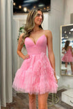 A-line V Neck Ruffle-Layers Tulle Pink Homecoming Dresses, Short Party Gown GM688