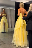 Strapless A-Line Ruffles Yellow Long Formal Prom Dress With Split GP817